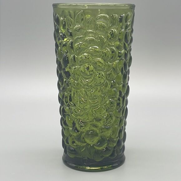 MCM Indiana Glass Vase Pressed Grape Pattern Avocado 1970s - Picture 5 of 16